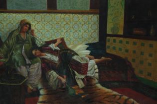Oil on canvas. Middle Eastern scene. Reclining women on a tiger skin. Late twentieth century in a