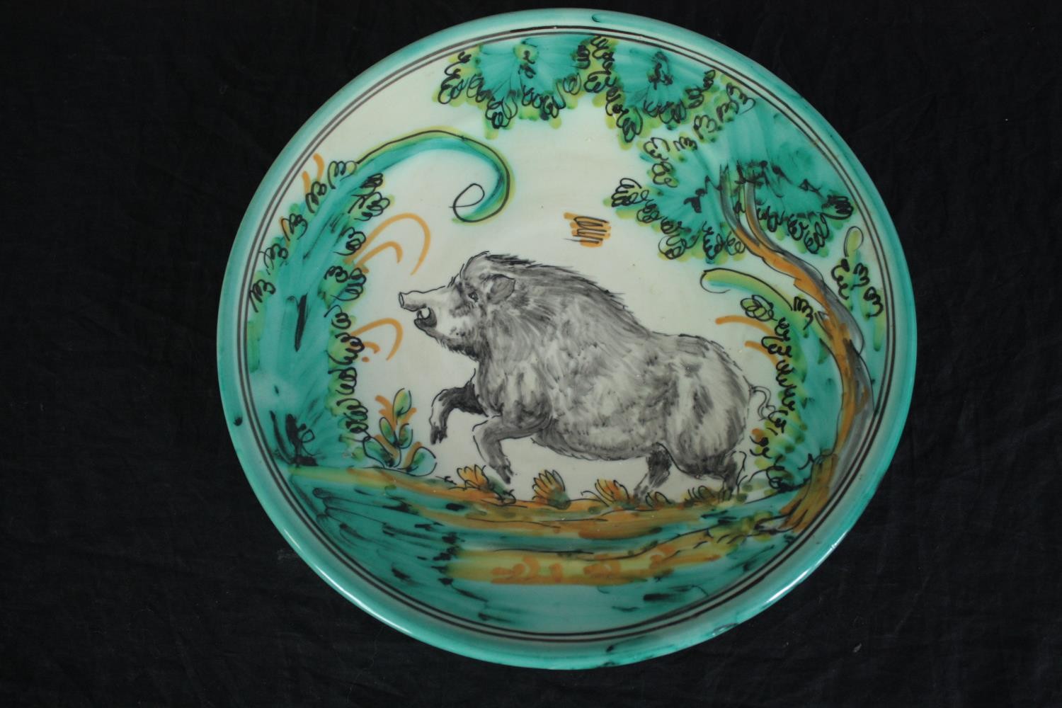 Two hand painted decorative plates with a wild boar and a chicken. Signed by the maker on the - Image 4 of 7