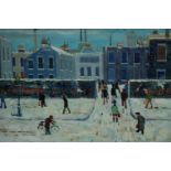 Henry Harvey. Oil painting on board. In the style of Lowry. Titled on the back 'Winter Morning'.
