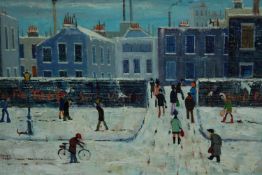 Henry Harvey. Oil painting on board. In the style of Lowry. Titled on the back 'Winter Morning'.