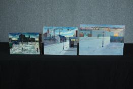 Henry Harvey. Three oil paintings on board. In the style of Lowry. Titled on the back 'Winter