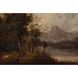 Oil painting on canvas. Lakescape with mountains. Nineteenth century. Unsigned. In a deep frame with