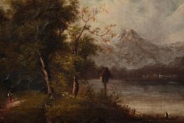 Oil painting on canvas. Lakescape with mountains. Nineteenth century. Unsigned. In a deep frame with