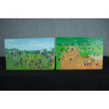 Henry Harvey. A pair of oil paintings on board. In the style of Lowry. Horse racing. Titled on the