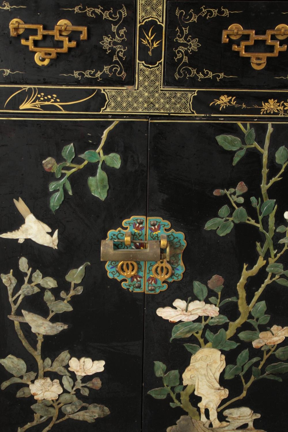 Cabinet, Chinese lacquered with applied decoration. H.91 W.61 D.36cm. - Image 5 of 5