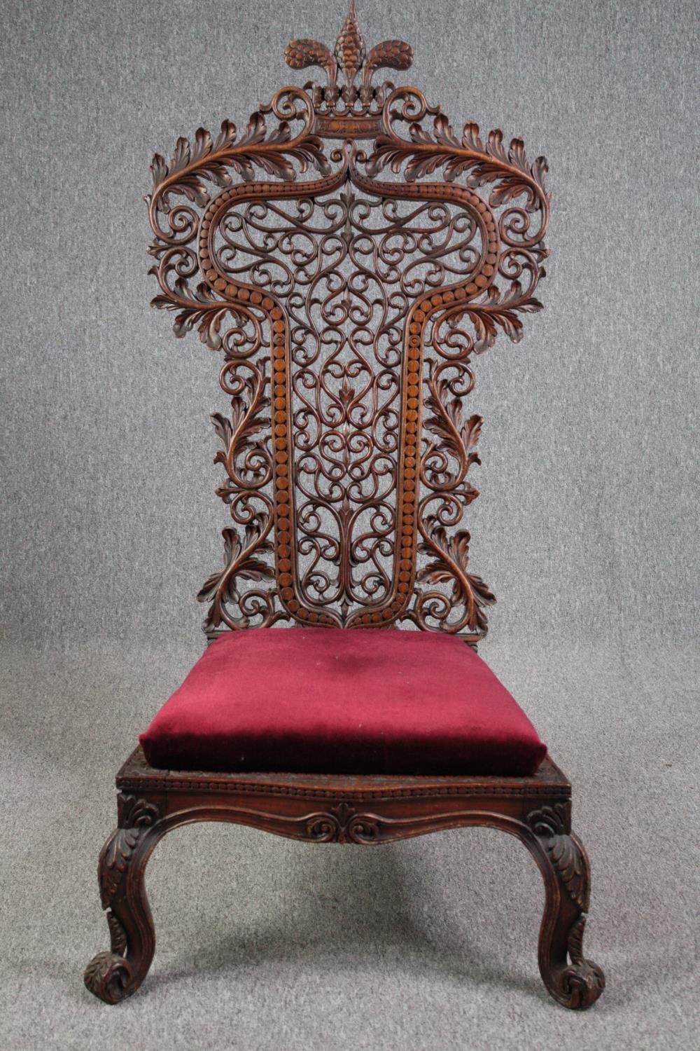 Side chair, 19th century Burmese carved hardwood. H.128cm. - Image 2 of 9