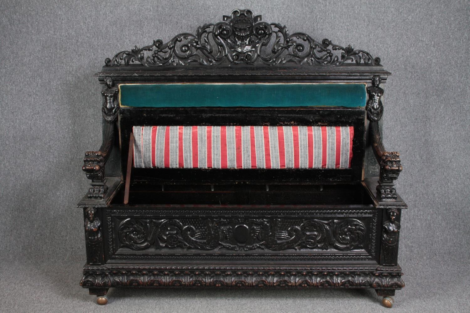 Cassapanca bench, 19th century carved oak Italian style. H.150 W.162 D.52cm. - Image 6 of 9