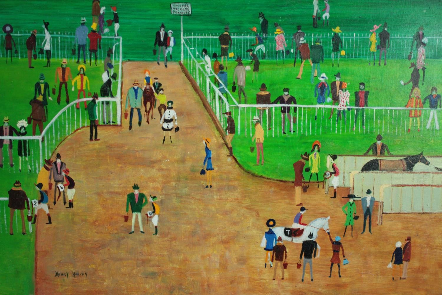 Henry Harvey. A pair of oil paintings on board. In the style of Lowry. Horse racing. Titled on the - Image 3 of 5