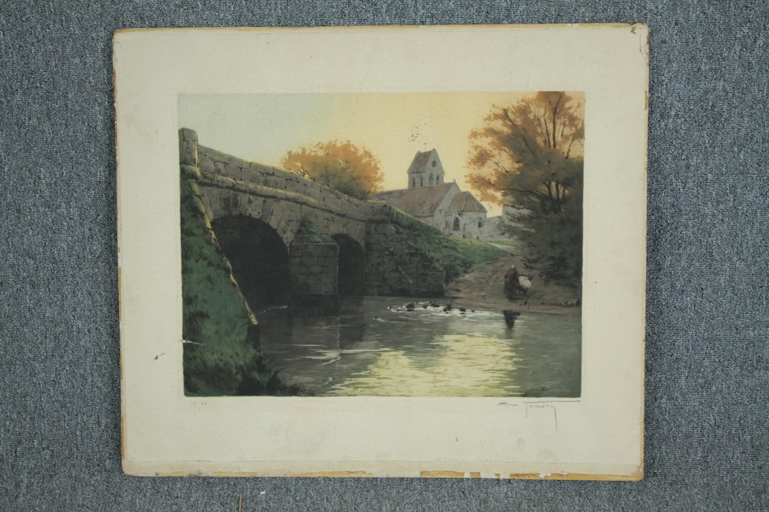 A hand coloured etching. French. Signed indistinctly lower right in pencil. H.66 W.76cm. - Image 2 of 4