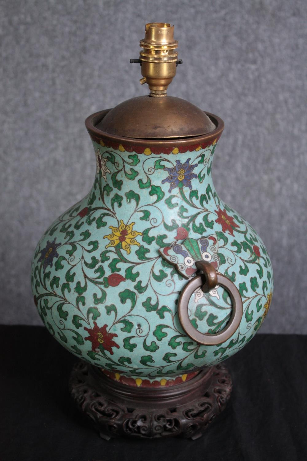 A Chinese cloisonne enamel twin handled vase converted into a lamp. With two brass handles. - Image 2 of 3