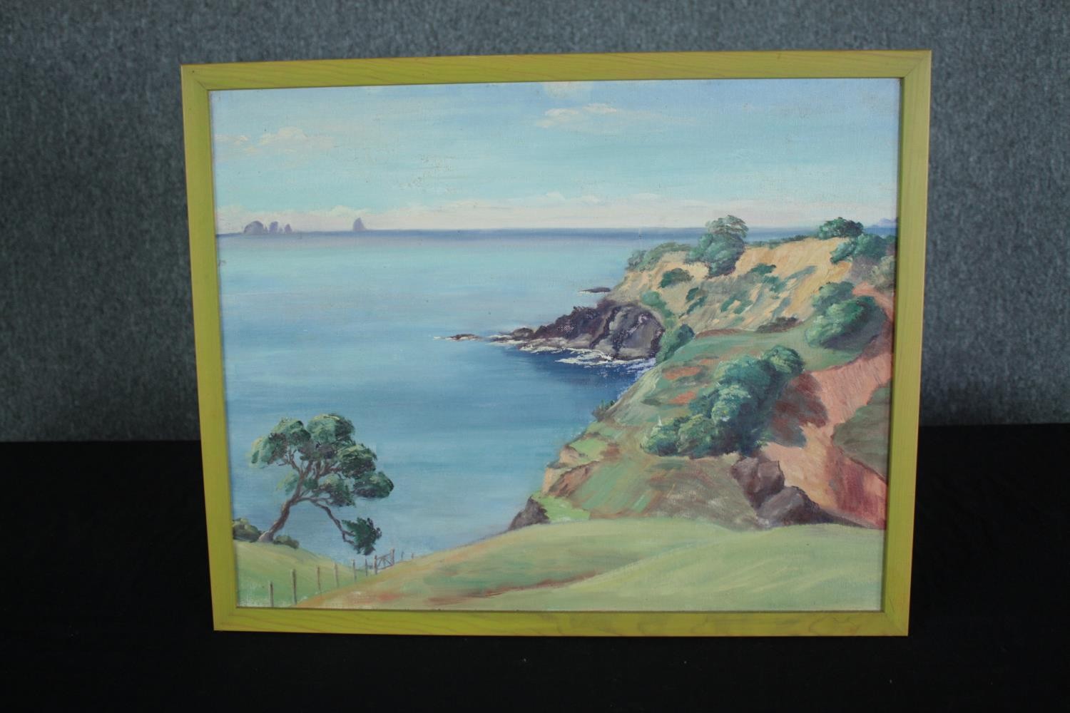 Oil painting on board. New Zealand coastal scene with cliffs in the foreground. Unsigned. Framed. - Image 2 of 3