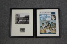 Chelsea football memorabilia. Two framed prints signed by former players, Peter Osgood and one