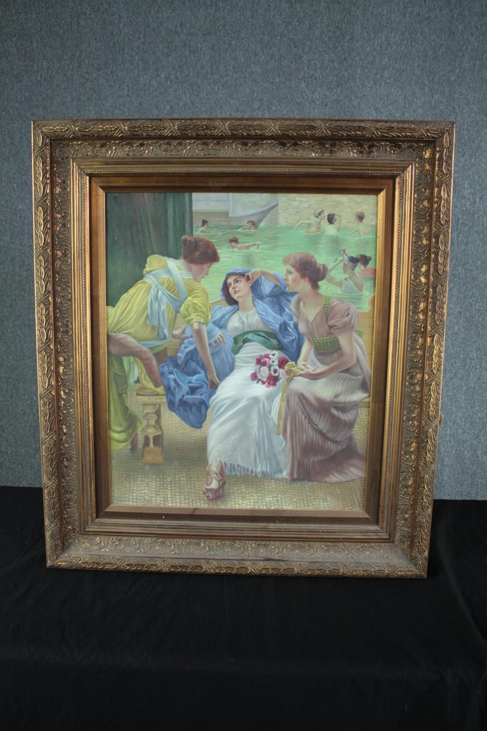 Oil on canvas. Three women in the style of Frederic Leighton. In a deep gilt decorated frame. H.85 - Image 2 of 3