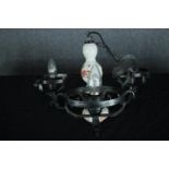 A Continental style steel and ceramic three branch chandelier. H.34 W.46cm.