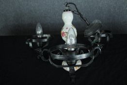 A Continental style steel and ceramic three branch chandelier. H.34 W.46cm.