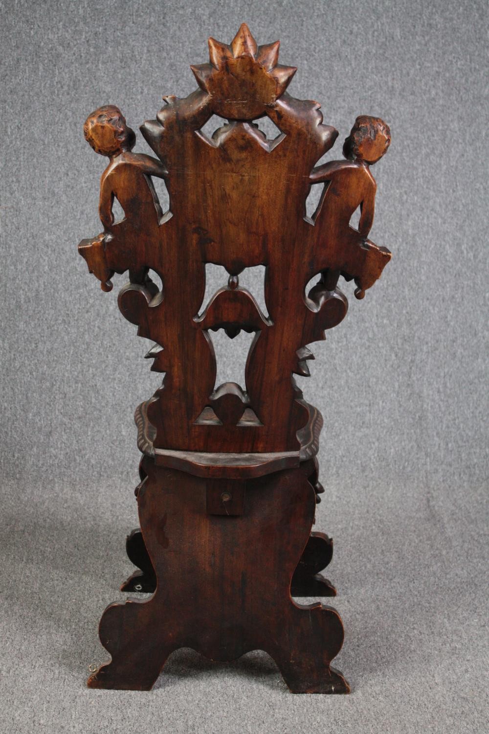 Hall chair, 19th century Italian Sgabello, carved walnut. H.123cm. - Image 5 of 7