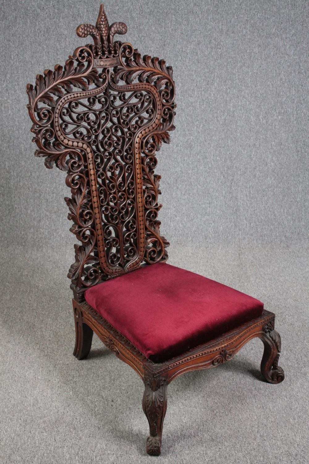 Side chair, 19th century Burmese carved hardwood. H.128cm. - Image 3 of 9