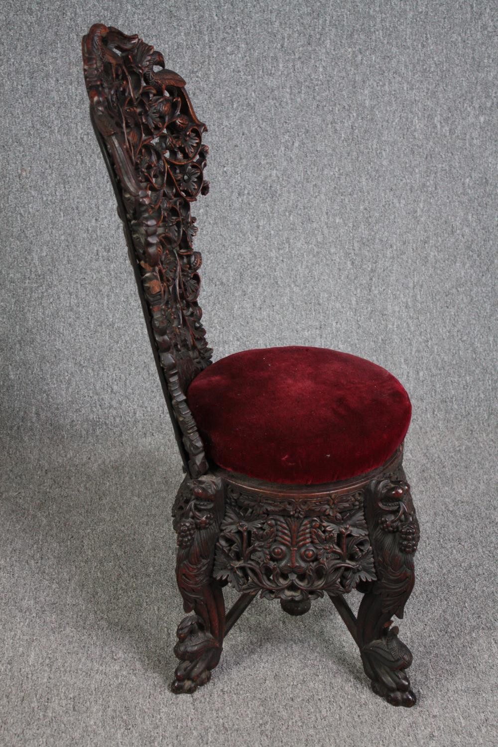 Side chair, 19th century Burmese carved hardwood. H.101cm. - Image 3 of 6