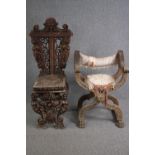 A 19th century Scabello hall chair along with a 19th century X framed armchair. H.118cm. (largest)