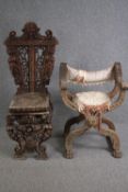 A 19th century Scabello hall chair along with a 19th century X framed armchair. H.118cm. (largest)