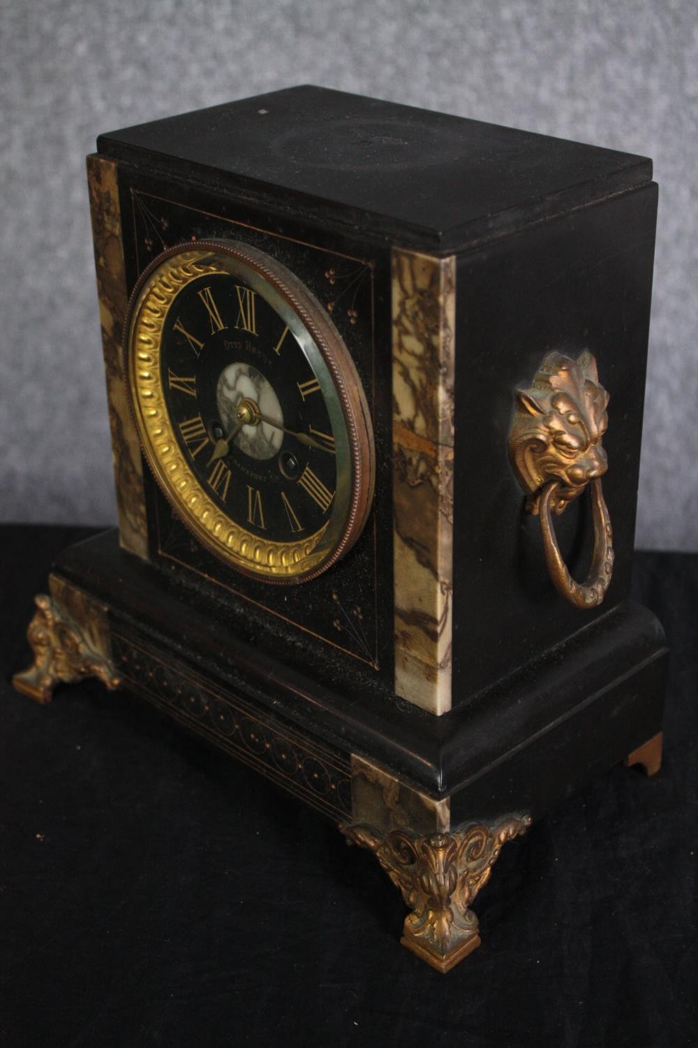 A late 19th century slate and marble mantle clock. Otto Hecht, Frankfurt. H.24 W.24 D.14cm. - Image 2 of 6