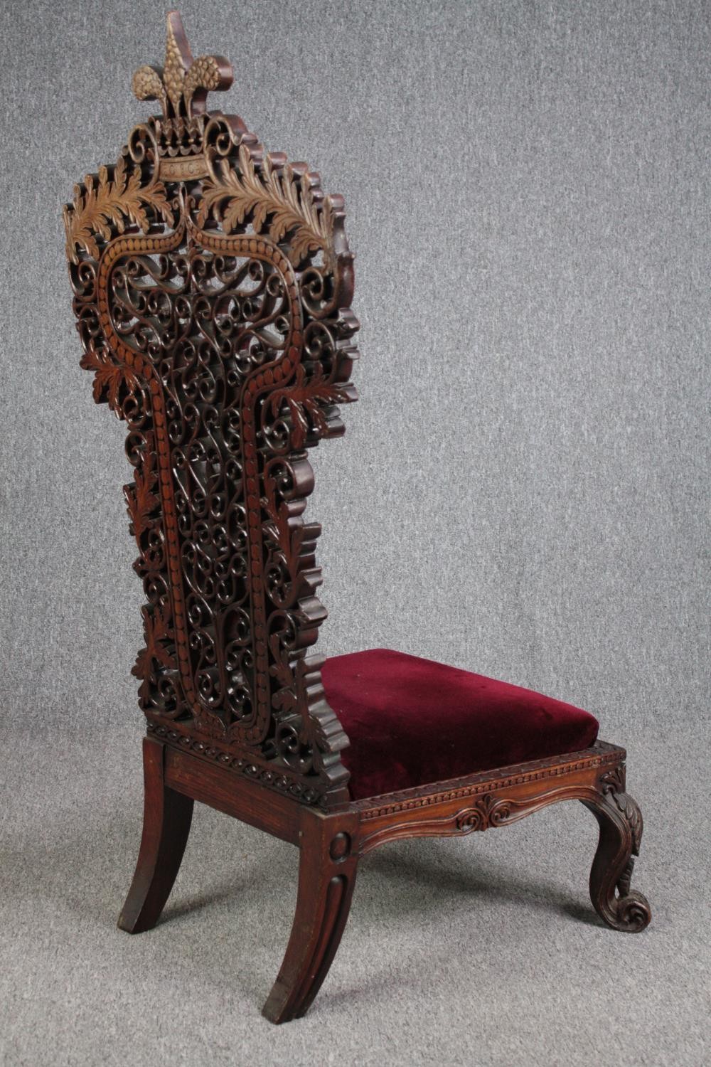 Side chair, 19th century Burmese carved hardwood. H.128cm. - Image 5 of 9