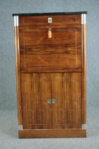 Drinks cabinet, mid century with marble top and metal mounts with string inlay. H.132 W.76 D.48cm.