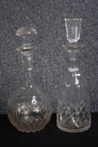 Two cut glass decanters with stoppers. Probably late nineteenth century. H.33cm. (largest)