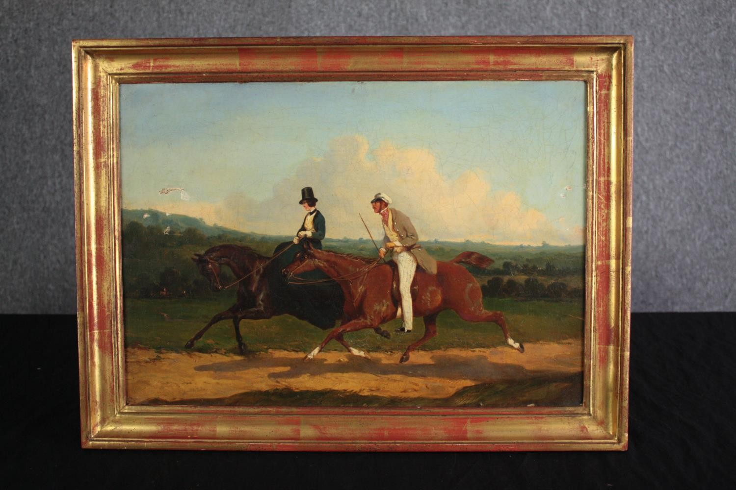 Oil painting on canvas. A riding scene. An interesting composition showing one rider at full pelt - Image 2 of 4