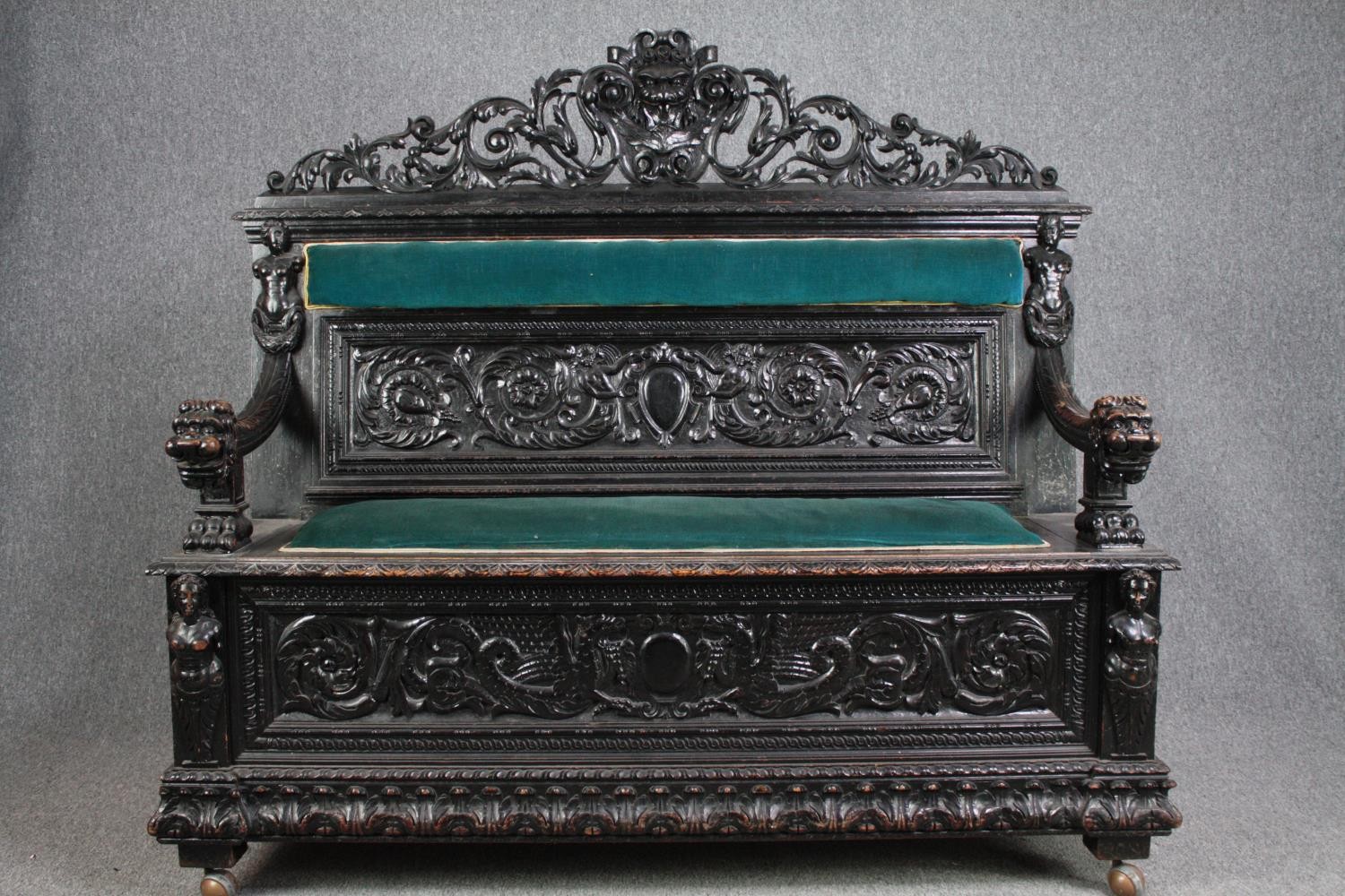 Cassapanca bench, 19th century carved oak Italian style. H.150 W.162 D.52cm.