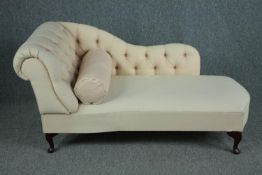 A 19th century style upholstered chaise longue. H.95 W.125 D.60cm.