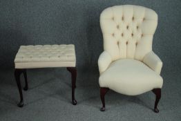A 19th century style upholstered salon chair and a matching stool. H.81cm. (chair)