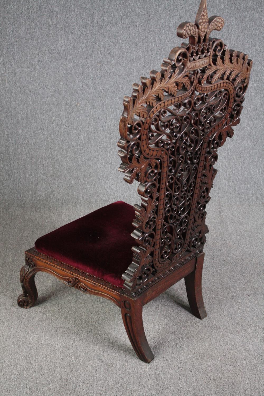 Side chair, 19th century Burmese carved hardwood. H.128cm. - Image 7 of 9