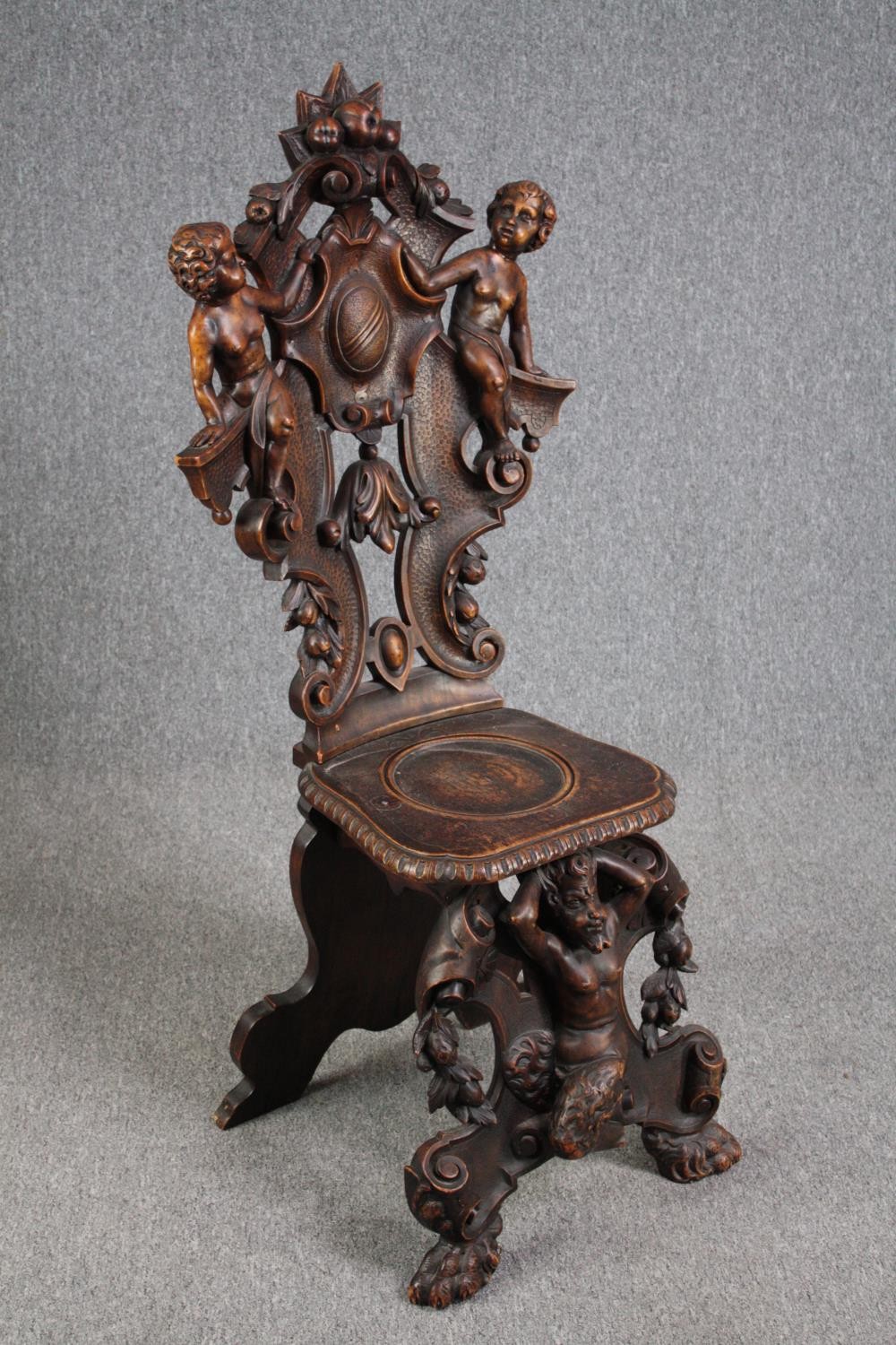 Hall chair, 19th century Italian Sgabello, carved walnut. H.123cm. - Image 2 of 7