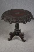 Occasional table, 19th century Burmese carved hardwood with tilt top action. H.75 W.82 D.82cm.
