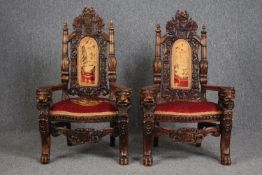 A pair of Eastern carved hardwood children's throne chairs. H.89 W.56 D.47cm. (each)