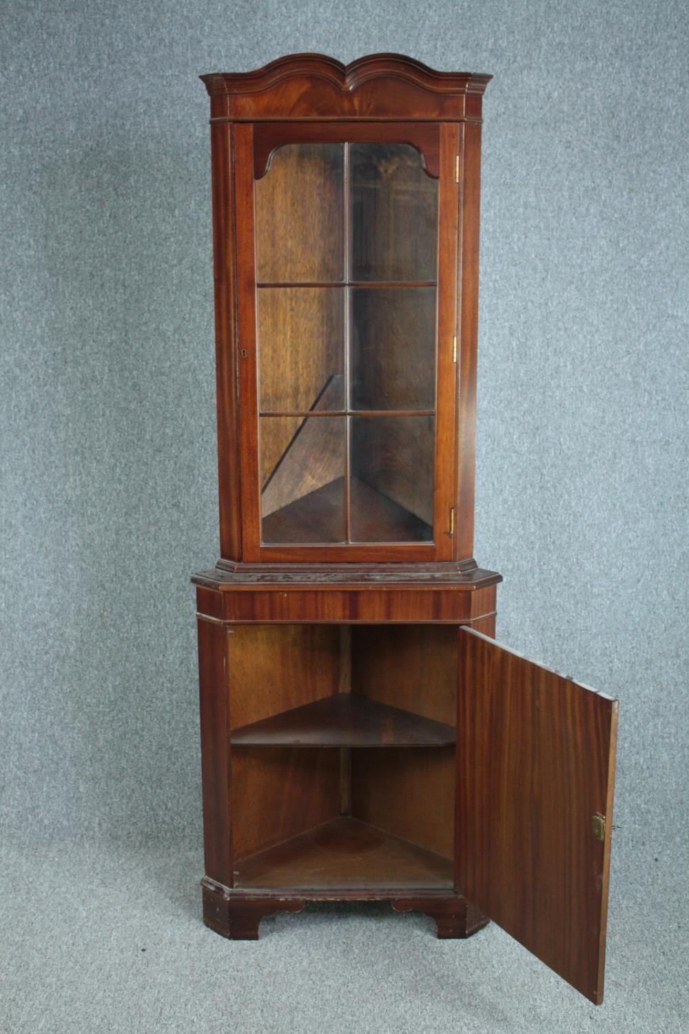 Corner cabinet, full height Georgian style flame mahogany. H.185 W.65cm. (Glazed door locked and - Image 2 of 4