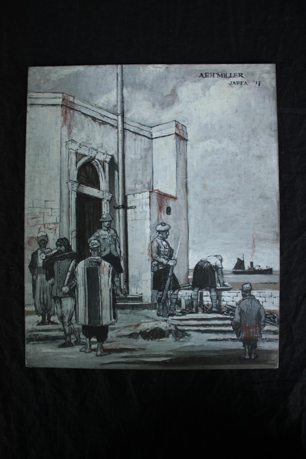 Archibald Elliot Haswell-Miller (British. 1887 - 1979). Acrylic on card. Palestine. Titled 'Jaffa' - Image 2 of 4