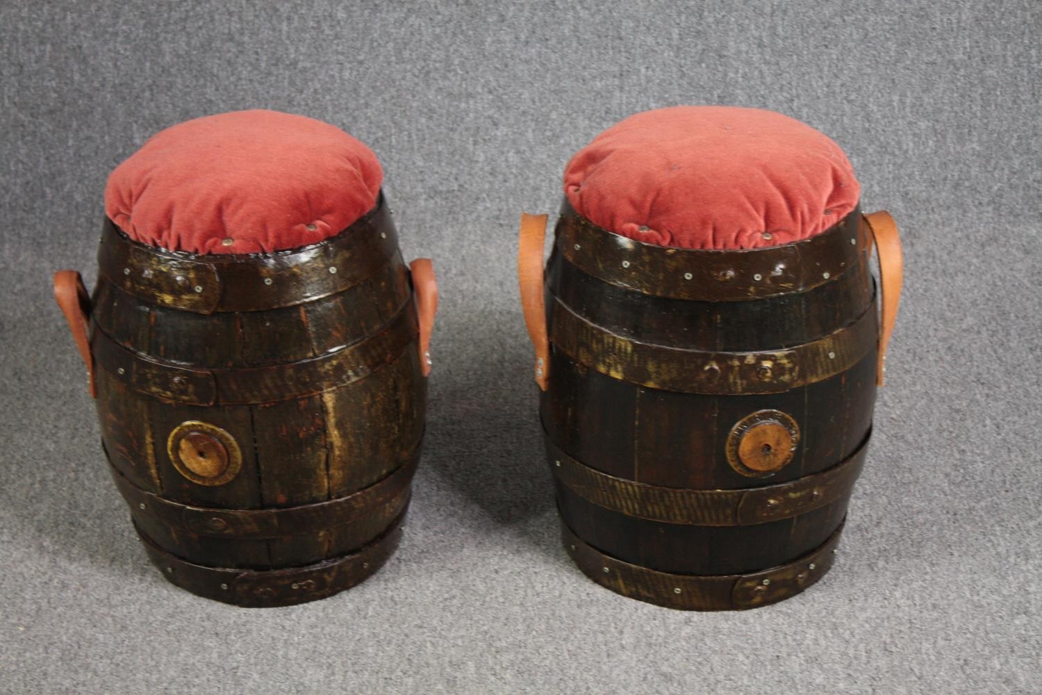 A pair of stools made from old coopered barrels. H.47 Dia.33cm. (each)