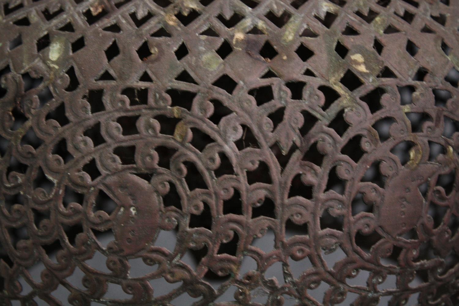 An Arabic pierced copper ceiling lantern. With a chain support. Aged with a patina. H.42cm. - Image 2 of 4