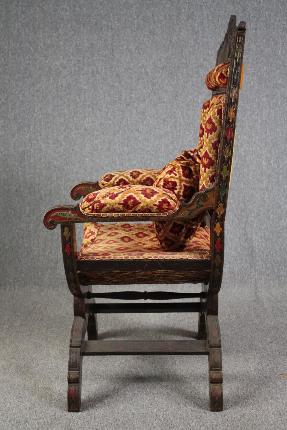 Throne chair, late 19th century polychrome of Eastern influence, signed or inscribed to the front. - Image 6 of 8