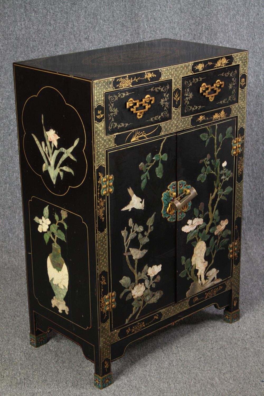 Cabinet, Chinese lacquered with applied decoration. H.91 W.61 D.36cm. - Image 2 of 5