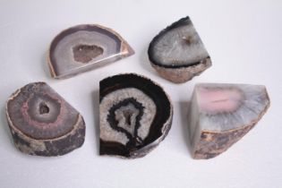 A collection of five large Agate geode slices and pieces, some dyed. H.15 W.8cm. (largest)