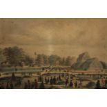 After Thomas H. Shepherd. Hand coloured engraving. 'Great Palm House, Kew Gardens'. Framed and