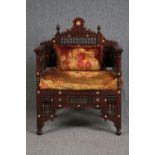 Armchair, Syrian C.1900 hardwood with ebony and mother of pearl inlay and carved inscription to