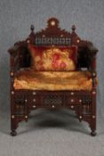 Armchair, Syrian C.1900 hardwood with ebony and mother of pearl inlay and carved inscription to