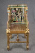 Throne chair, Egyptian style polychrome and gilt, hand painted, signed and lacquered and with mother