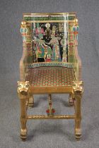 Throne chair, Egyptian style polychrome and gilt, hand painted, signed and lacquered and with mother