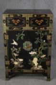 Cabinet, Chinese lacquered with applied decoration. H.91 W.61 D.36cm.