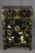 Cabinet, Chinese lacquered with applied decoration. H.91 W.61 D.36cm.